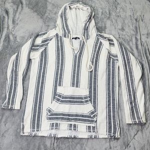 Ocean Drive Mens Poncho Sweater White Sz. L Striped Hooded Pocket Sweatshirt